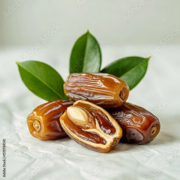 Obraz  Brown Dates With green leaves, high quality image, white background