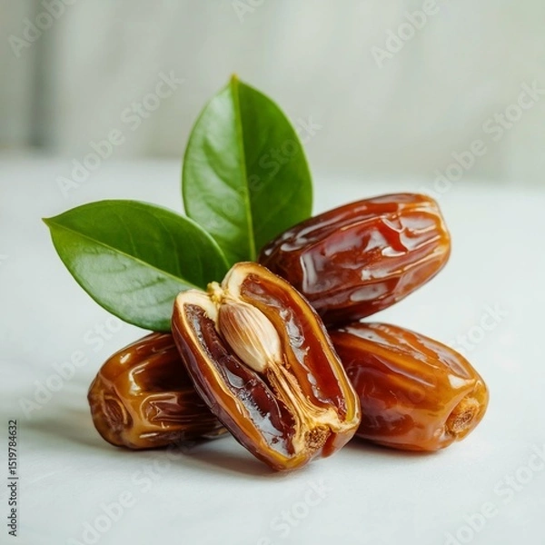Obraz  Brown Dates With green leaves, high quality image, white background