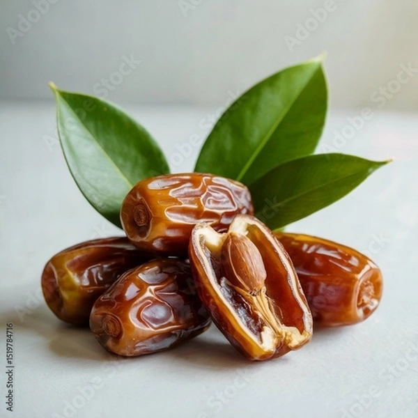 Obraz  Brown Dates With green leaves, high quality image, white background