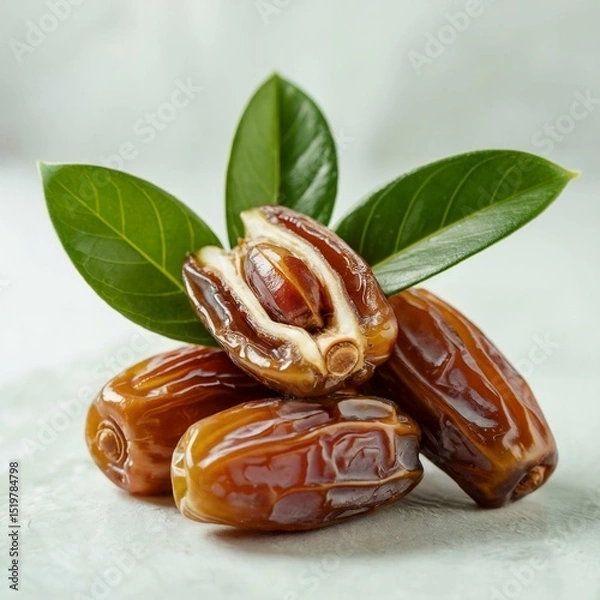 Obraz  Brown Dates With green leaves, high quality image, white background
