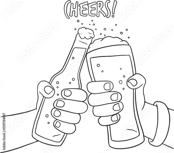 Obraz Cheers! Hand-drawn vector illustration of friends toasting with beer mugs and bottles. Perfect for celebrations, party invitations, bar menus, and festive designs.