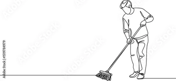 Obraz continuous single line drawing of man using broom to sweep floor, line art vector illustration