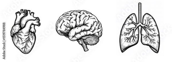 Fototapeta Black and white anatomical illustrations of a human heart, brain, and lungs drawn in a detailed line art style. Ideal for educational, medical, or scientific use
