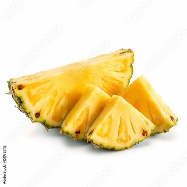 Fototapeta Three juicy pineapple slices arranged in a natural layout, showcasing their bright yellow color and fibrous texture.