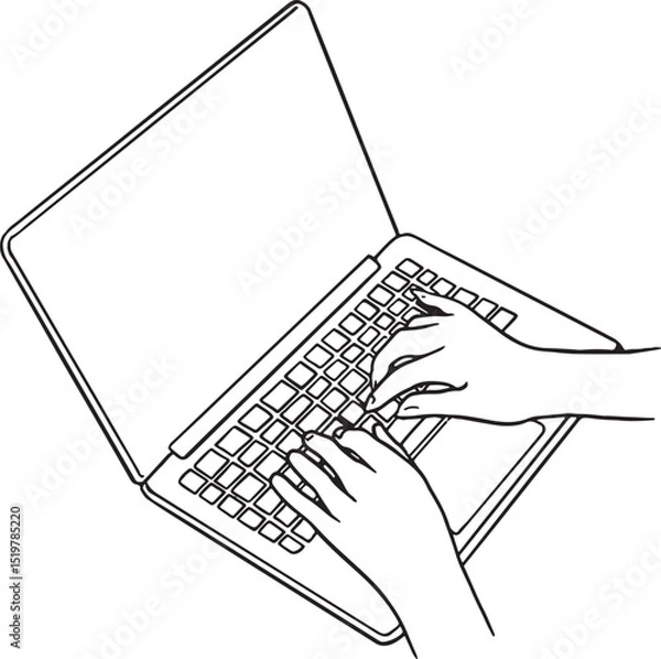 Obraz Hand-drawn vector illustration of hands typing on a laptop keyboard. Perfect for representing work, education, technology, remote jobs, or digital communication.