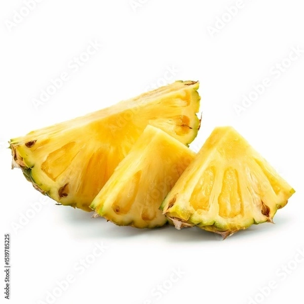 Obraz Three juicy pineapple slices arranged in a natural layout, showcasing their bright yellow color and fibrous texture.