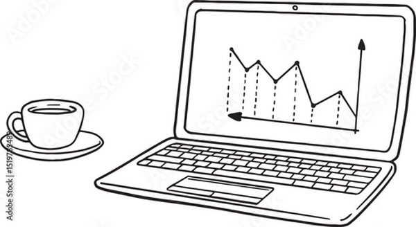 Fototapeta Hand-drawn vector illustration of a laptop displaying a business graph, with a coffee cup beside it. Ideal for themes of data analysis, remote work, finance, or morning productivity.