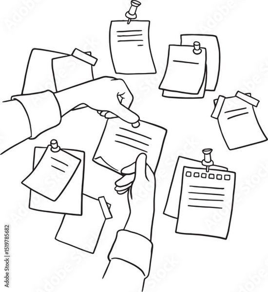 Obraz Hand-drawn vector illustration of hands organizing sticky notes or ideas on a board. Ideal for themes of brainstorming, planning, teamwork, project management, or problem-solving.