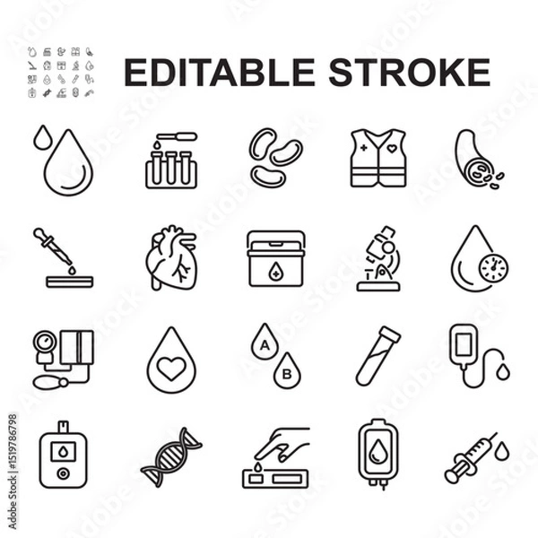 Fototapeta Collection of blood related icons. Thin line style vectors. Contains icons such as blood donor, laboratory, blood transfusion, blood bag and many more.