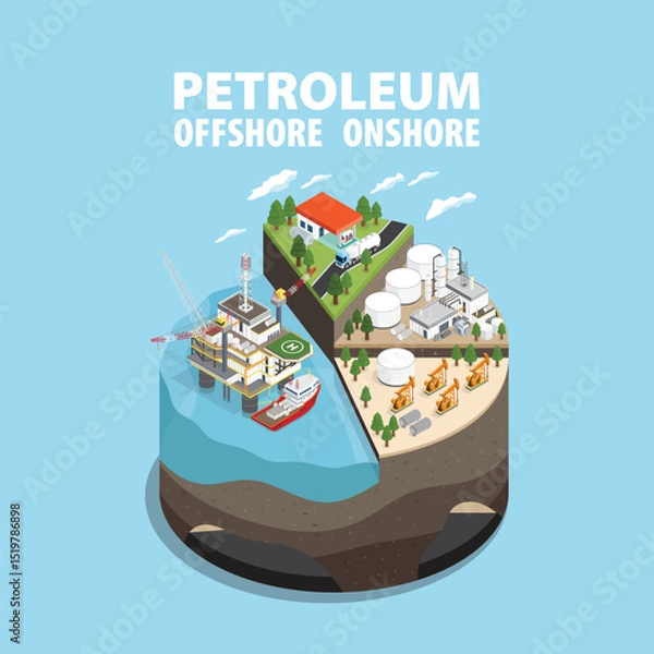 Fototapeta Integrated Energy: Offshore Operations and Refining Systems in Isometric graphic