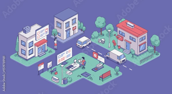 Fototapeta Isometric city scene with buildings and traffic