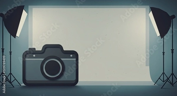 Fototapeta 3D illustration of a photography studio with camera, lighting equipment, and backdrop, creative workspace concept