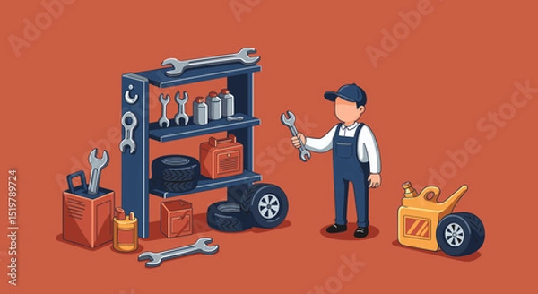 Fototapeta Mechanic in garage with tools and car parts