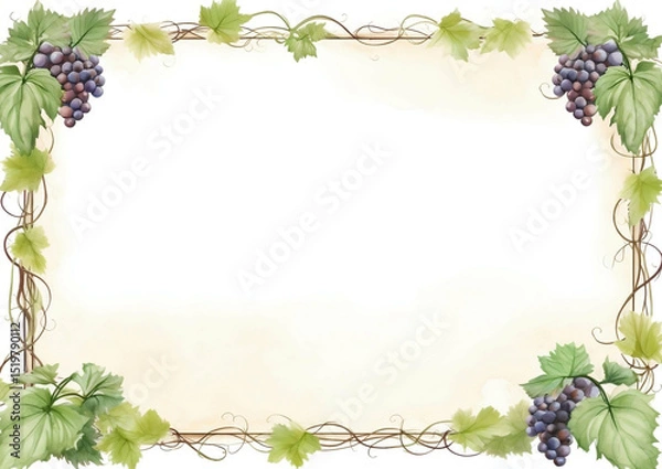 Fototapeta Elegant Grapevine Border Frame Watercolor Illustration for Invitations, Cards, and Designs