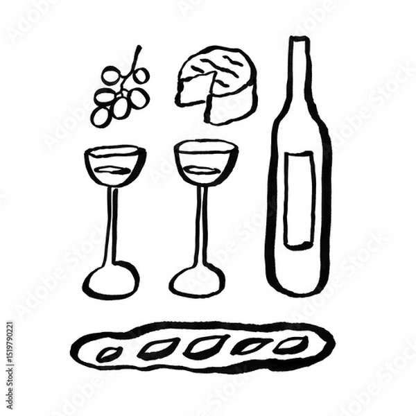 Fototapeta Hand-drawn illustration of wine, cheese, baguette and grapes. Textured ink drawing. Loose style. Bold brush pen line art