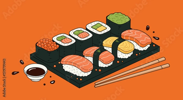 Fototapeta Sushi set meal with soy sauce and chopsticks