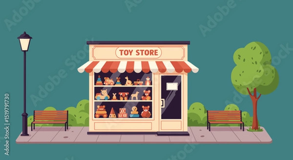 Fototapeta Toy store facade with toys and street view