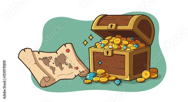 Fototapeta Treasure map leading to open treasure chest