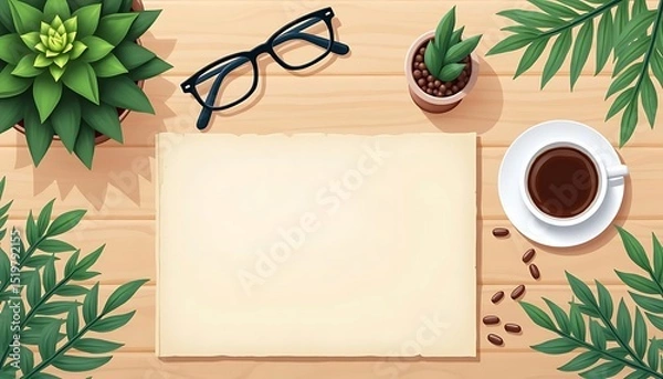 Fototapeta Workplace with Coffee, Plants and Blank Paper for Text Mockup Vector