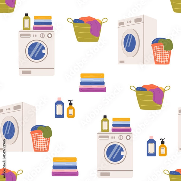 Fototapeta Laundry vector seamless pattern. Dirty clothes in basket, washing machine and detergents. Laundry illustration on white background.