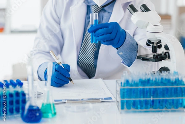 Fototapeta Scientist taking notes during experiment in laboratory. The lab table is filled with test tubes, beakers, and a microscope.