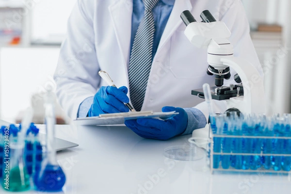 Obraz Scientist taking notes during experiment in laboratory. The lab table is filled with test tubes, beakers, and a microscope.