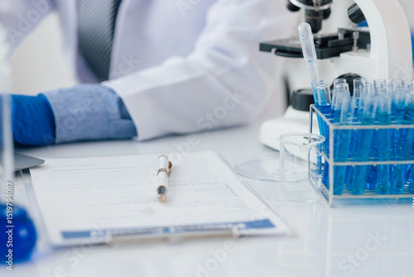 Fototapeta Scientist taking notes during experiment in laboratory. The lab table is filled with test tubes, beakers, and a microscope.