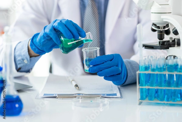 Fototapeta Scientist analyzing liquid in laboratory setting. Scientist is holding a conical flask with a blue liquid, conducting research in a laboratory equipped with a microscope and test tubes.