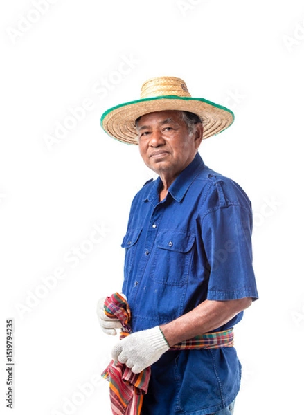 Fototapeta Portrait of smiling senior Asian farmer wear a hat and looking at camera isolated on white background. Clipping path