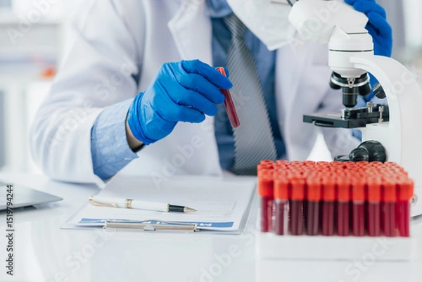 Fototapeta Scientist analyzing blood sample using microscope in laboratory. Scientist in gloves examines a blood sample under a microscope in a lab, discovering medical mysteries.