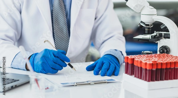 Fototapeta Scientist analyzing blood test results in a laboratory. Scientist in a lab carefully examines blood test results, focusing on precision and attention to detail in medical analysis.