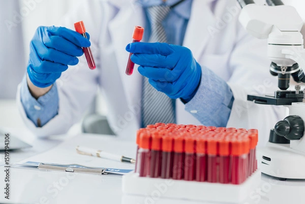 Obraz Scientist analyzing blood sample using microscope in laboratory. Scientist in gloves examines a blood sample under a microscope in a lab, discovering medical mysteries.