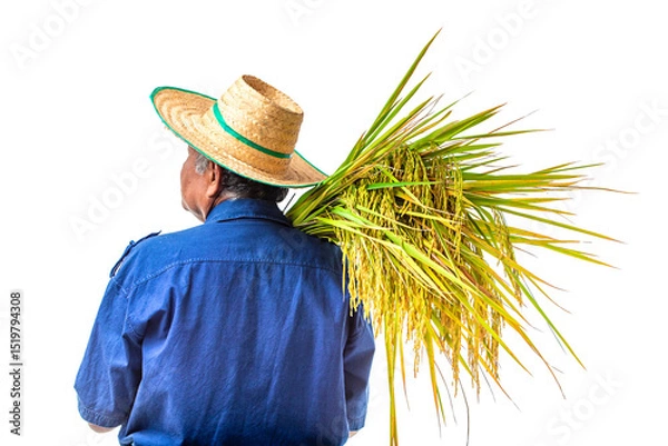 Fototapeta Elderly Asian man farmer wears a straw hat, blue shirt and holds rice plant isolated on white background with clipping path. Rear view