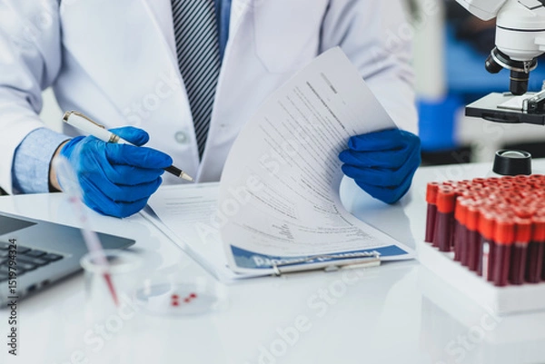 Obraz Scientist analyzing blood test results in a laboratory. Scientist in a lab carefully examines blood test results, focusing on precision and attention to detail in medical analysis.