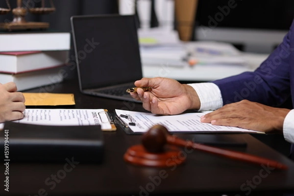 Obraz Lawyer reviewing contract agreement with legal documents, Discussing contract agreement at desk with legal document.