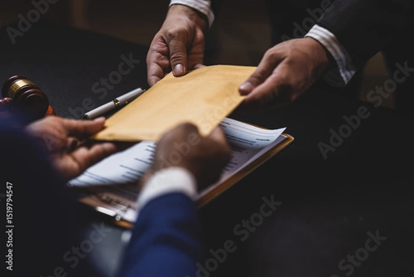 Obraz Lawyer receiving envelope with money for bribery. Corrupt lawyer receiving a bribe in an office, showcasing unethical behavior in law and finance. Hands accept money envelope.