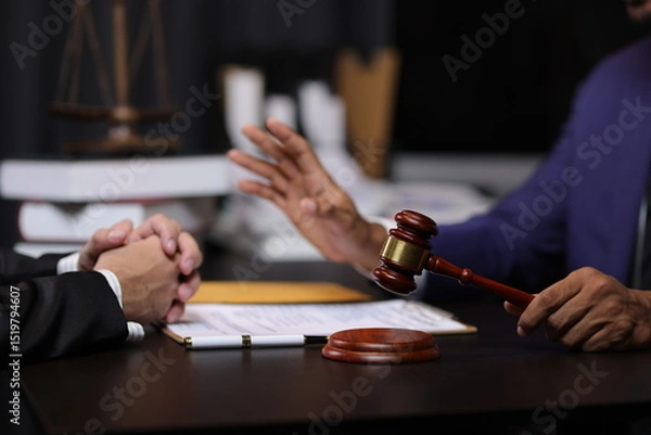 Obraz Lawyer reviewing contract agreement with legal documents, Discussing contract agreement at desk with legal document.