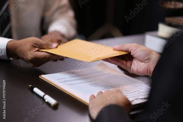 Obraz Lawyer receiving envelope with money for bribery. Corrupt lawyer receiving a bribe in an office, showcasing unethical behavior in law and finance. Hands accept money envelope.