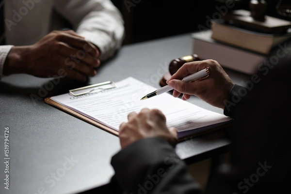 Obraz Lawyer reviewing contract agreement with legal documents, Discussing contract agreement at desk with legal document.