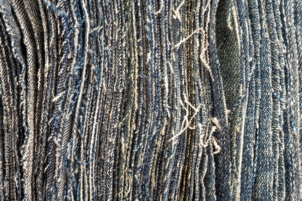 Fototapeta Texture from torn pieces of denim. Jeans texture. Material for sewing clothes