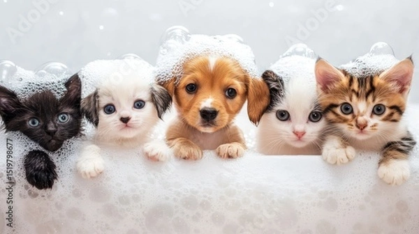 Fototapeta Puppies and cats are in a bathtub with bubbles on their heads. Generative Ai