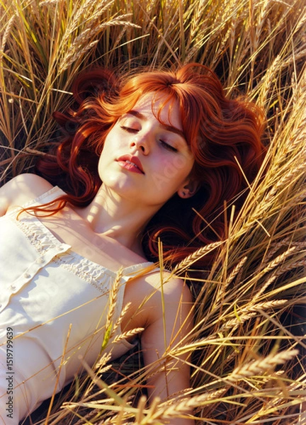 Fototapeta Femme rousse aux cheveux flamboyants endormie ou rêvant paisiblement dans un champ de blé doré.