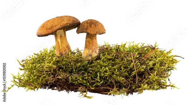 Fototapeta Forest mushroom with green moss on a white background. Mushroom isolate in grass