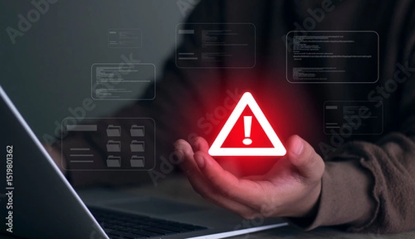 Fototapeta Warning alert icon with a hacked system. malicious software, virus, spyware, malware, or cyberattacks on computer networks. Security on the internet and online scam. Digital data is being compromised.