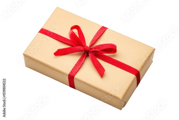 Fototapeta Rectangular gift box wrapped in gold paper with vibrant red ribbon tied in bow, perfect for special occasions and celebrations