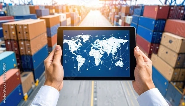 Obraz A person holds a tablet showing a world map with connections, standing in front of stacked shipping containers at a port.
