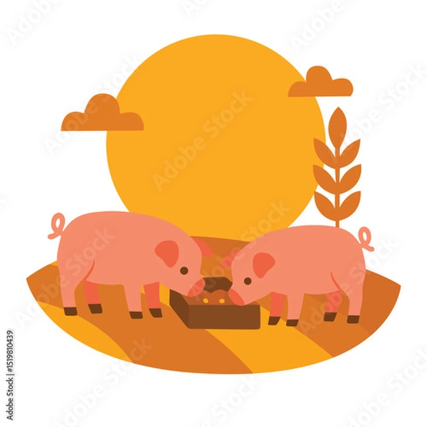 Fototapeta Two pigs eating from trough on orange farmland at sunset with clouds and tree. Flat cartoon vector illustration. Livestock and farm life concept. Design for poster, card, print