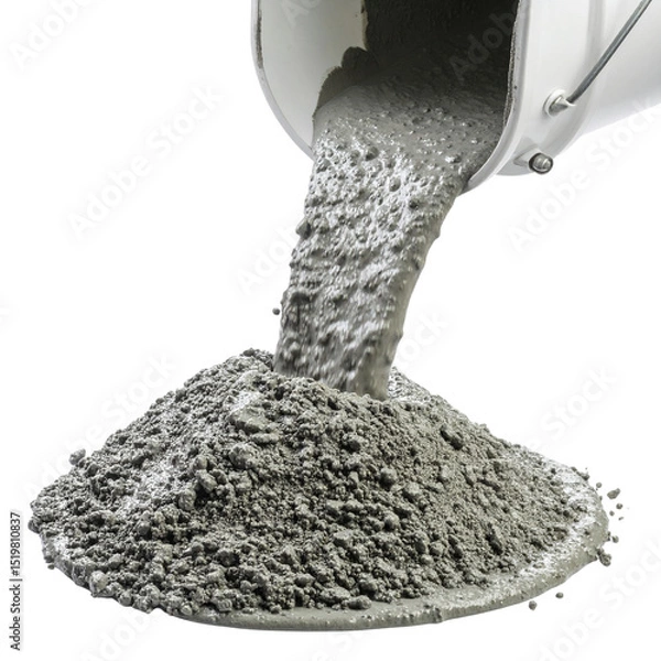 Fototapeta Fresh concrete is being poured from a white bucket onto a surface, highlighting construction materials against a black background.