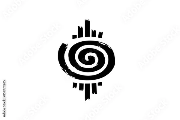 Fototapeta Black spiral symbol with tribal elements, featuring central swirl and radiating lines, evokes sense of mystery and cultural significance. design is simple yet impactful