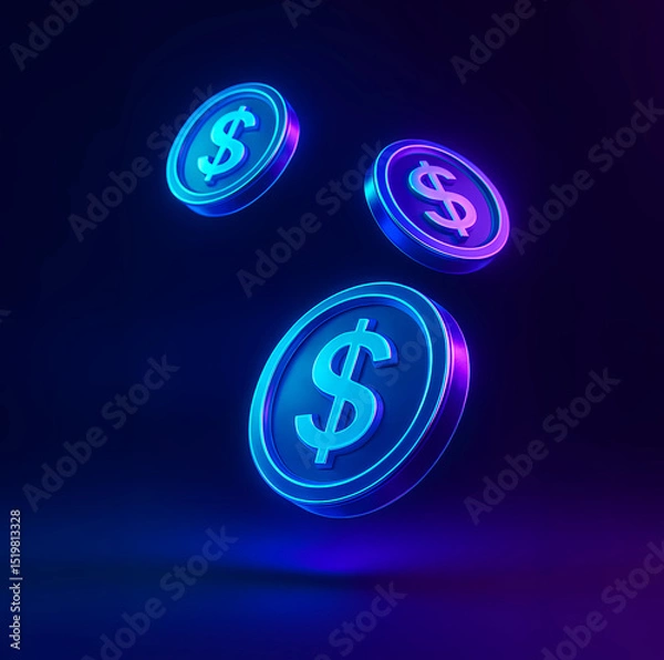 Obraz Neon Dollar Coins Floating in Cyberpunk Style